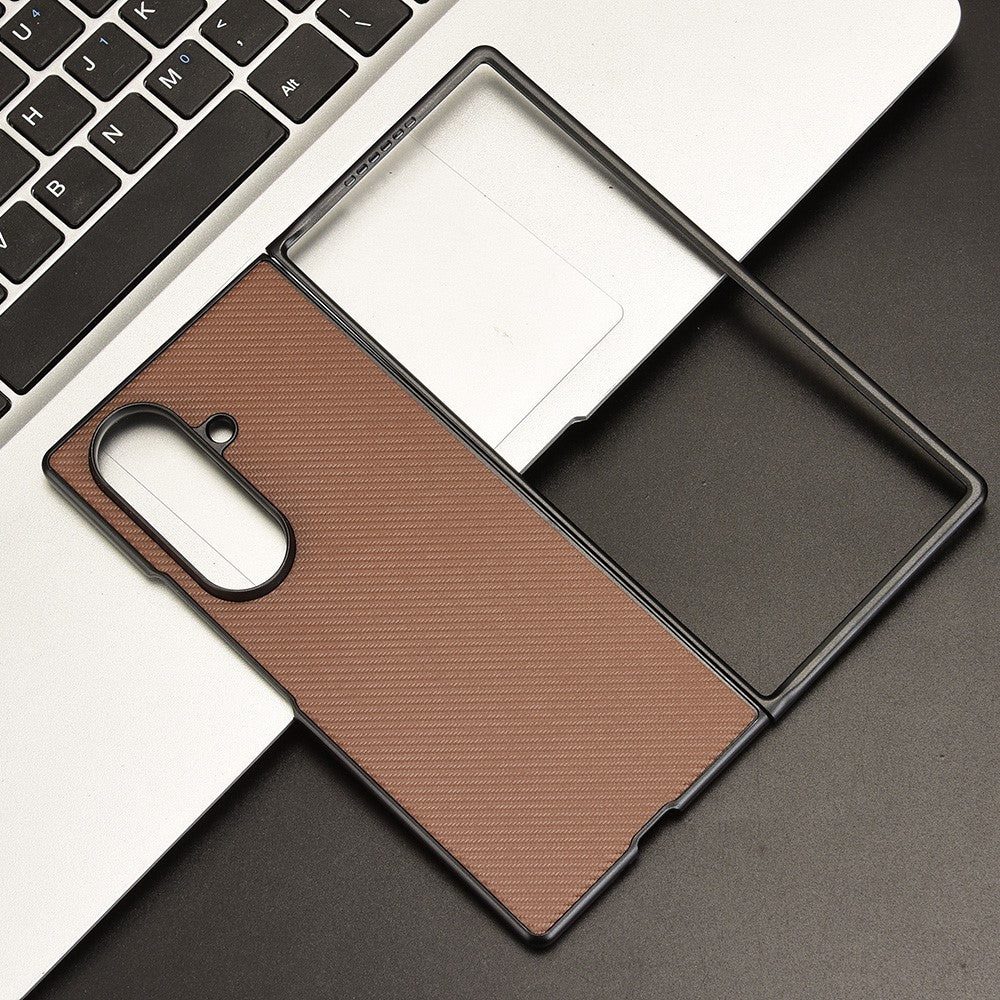 For Samsung Galaxy Z Fold7 5G Case Carbon Fiber Texture Shockproof PU + PC Phone Cover - Brown