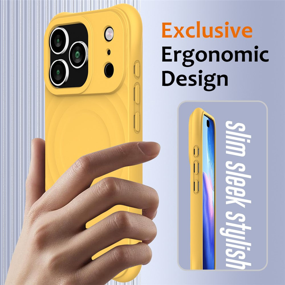 For iPhone 17 Pro Max Case Compatible with MagSafe Ripple Texture Liquid Silicone Protective Cover with Strap - Yellow