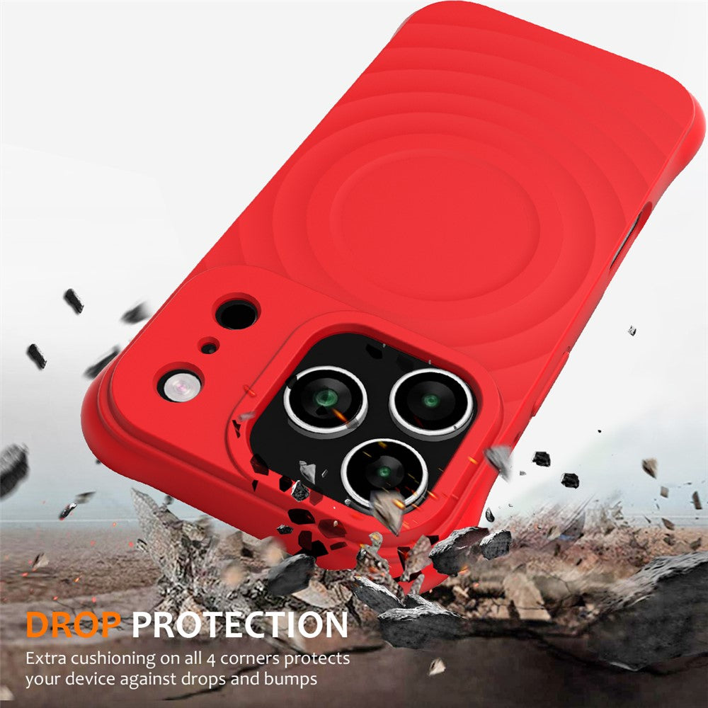 For iPhone 17 Pro Max Case Compatible with MagSafe Ripple Texture Liquid Silicone Protective Cover with Strap - Red