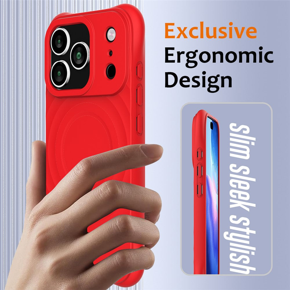 For iPhone 17 Pro Max Case Compatible with MagSafe Ripple Texture Liquid Silicone Protective Cover with Strap - Red