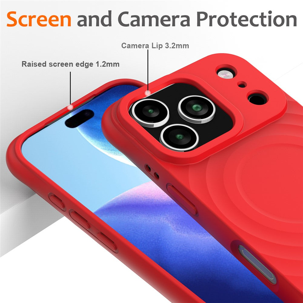 For iPhone 17 Pro Max Case Compatible with MagSafe Ripple Texture Liquid Silicone Protective Cover with Strap - Red