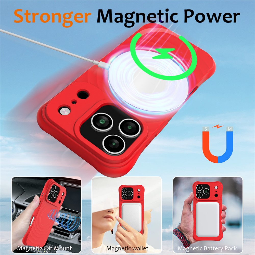 For iPhone 17 Pro Max Case Compatible with MagSafe Ripple Texture Liquid Silicone Protective Cover with Strap - Red