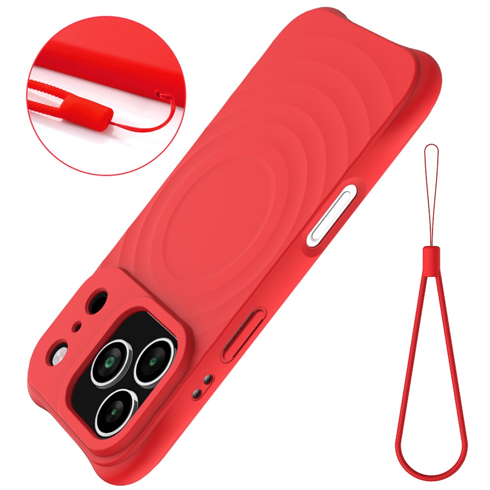 For iPhone 17 Pro Max Case Compatible with MagSafe Ripple Texture Liquid Silicone Protective Cover with Strap - Red