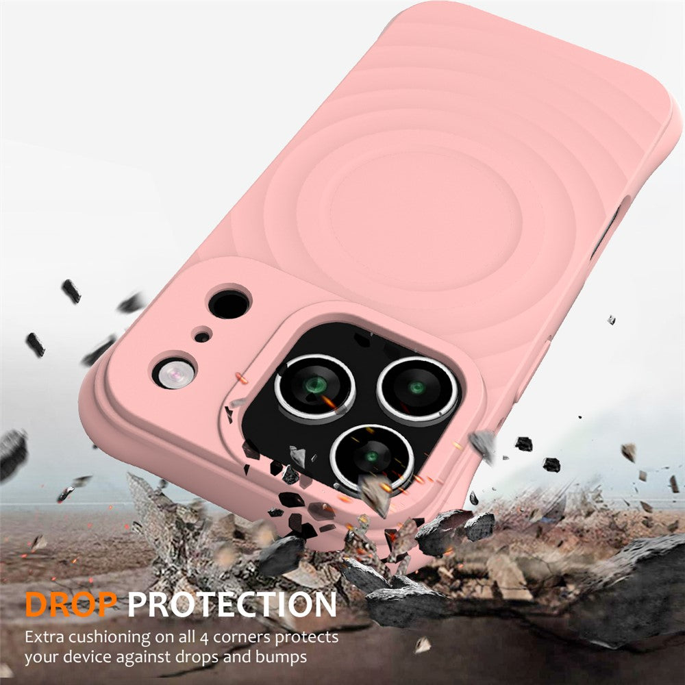 For iPhone 17 Pro Max Case Compatible with MagSafe Ripple Texture Liquid Silicone Protective Cover with Strap - Pink