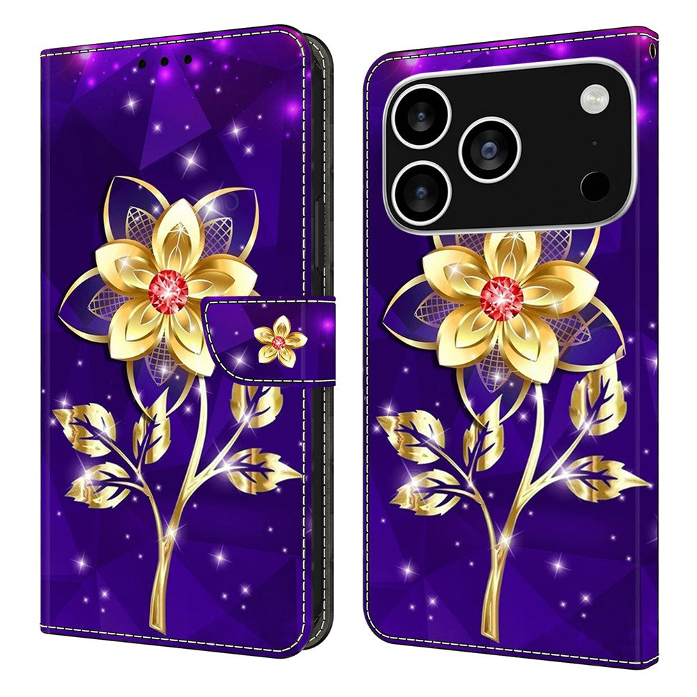 For iPhone 17 Pro Max Wallet Case Pattern Printing PU Leather Flip Stand Phone Cover - Golden Flowers on Purple