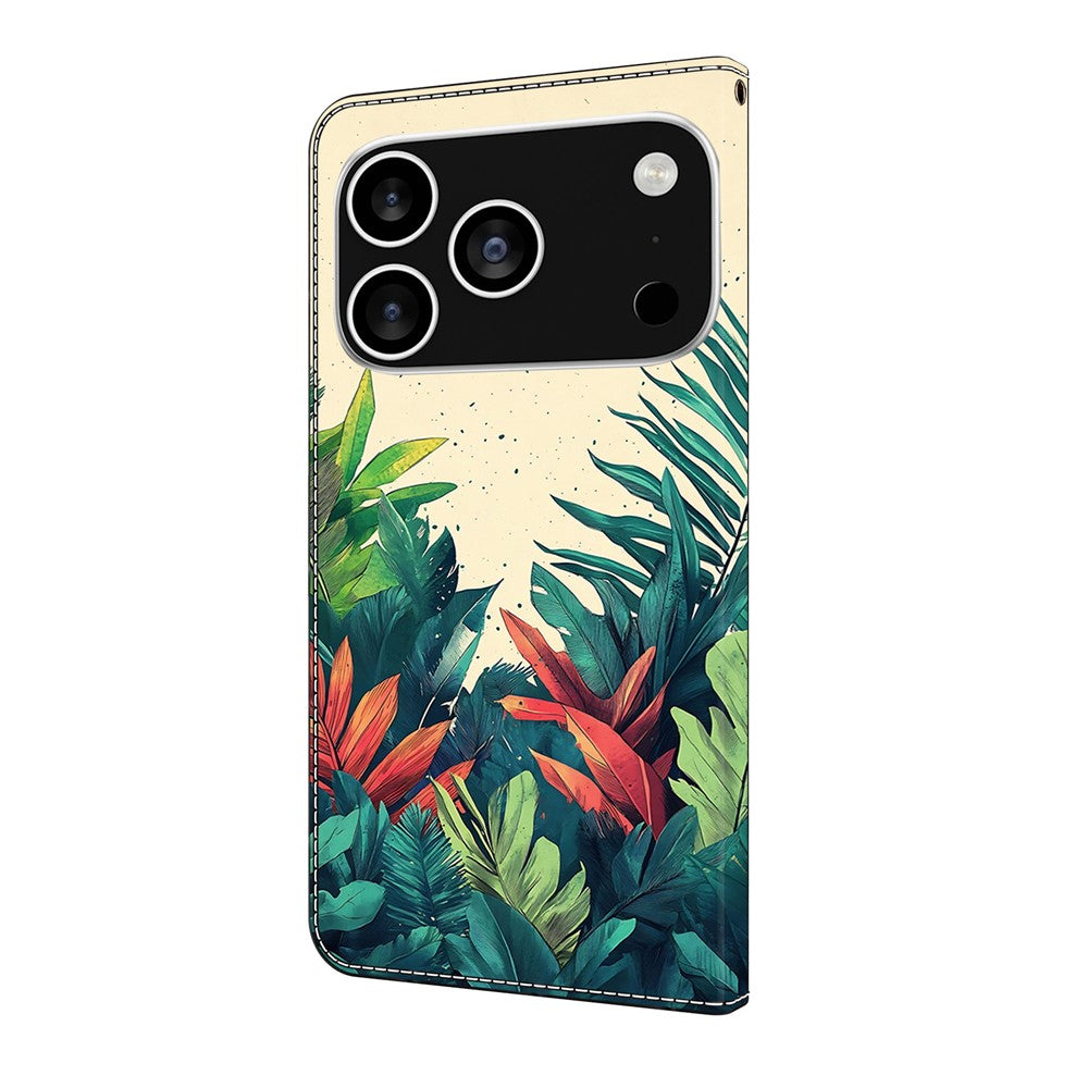 For iPhone 17 Pro Max Wallet Case Pattern Printing PU Leather Flip Stand Phone Cover - Leaves