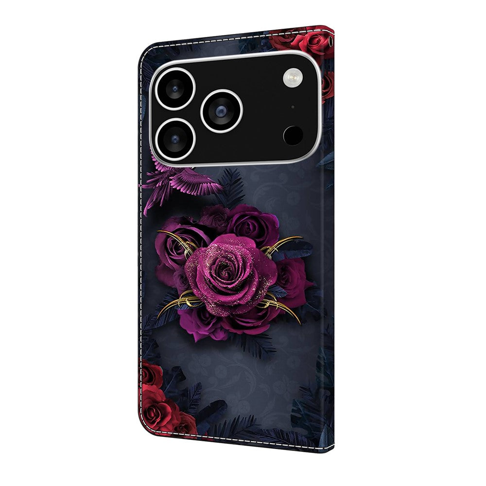 For iPhone 17 Pro Max Wallet Case Pattern Printing PU Leather Flip Stand Phone Cover - Bright Purple Flowers