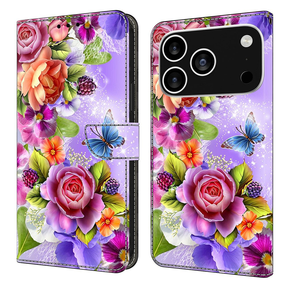 For iPhone 17 Pro Max Wallet Case Pattern Printing PU Leather Flip Stand Phone Cover - Flowers