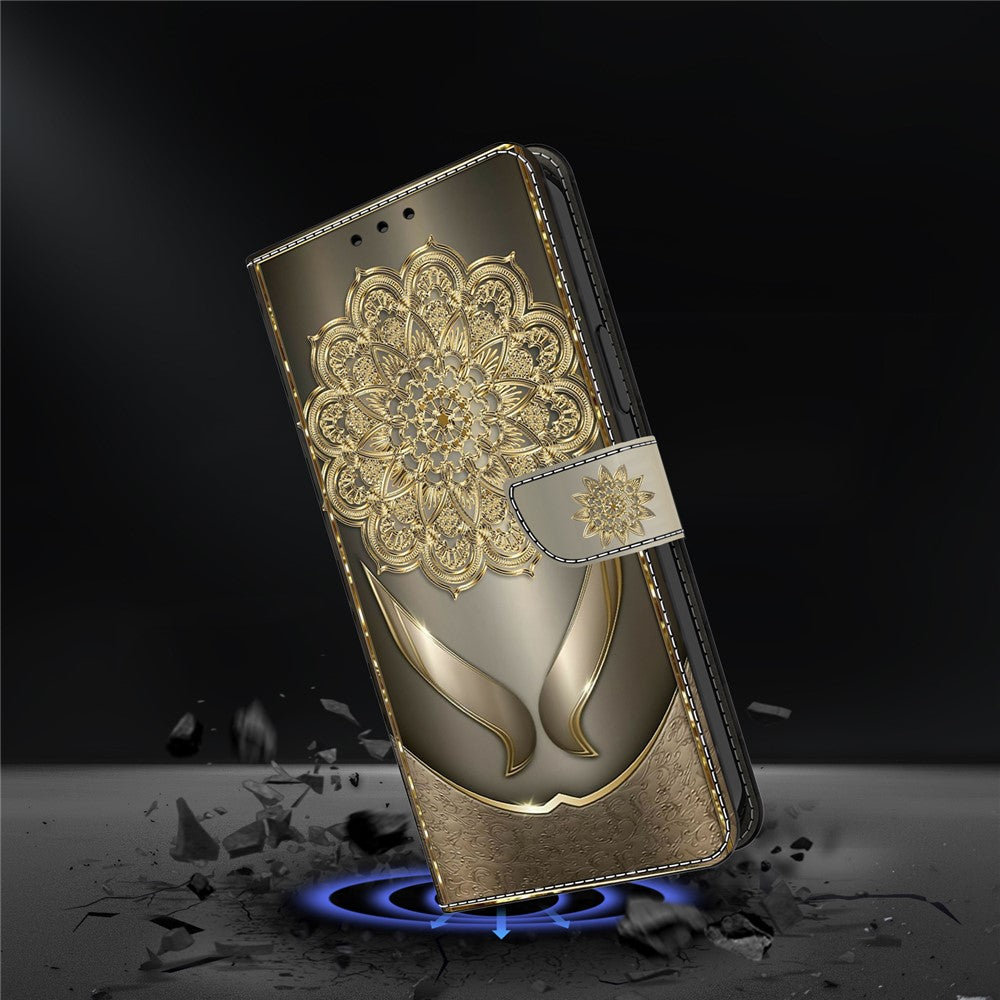 For iPhone 17 Pro Max Wallet Case Pattern Printing PU Leather Flip Stand Phone Cover - Shining Golden Flowers