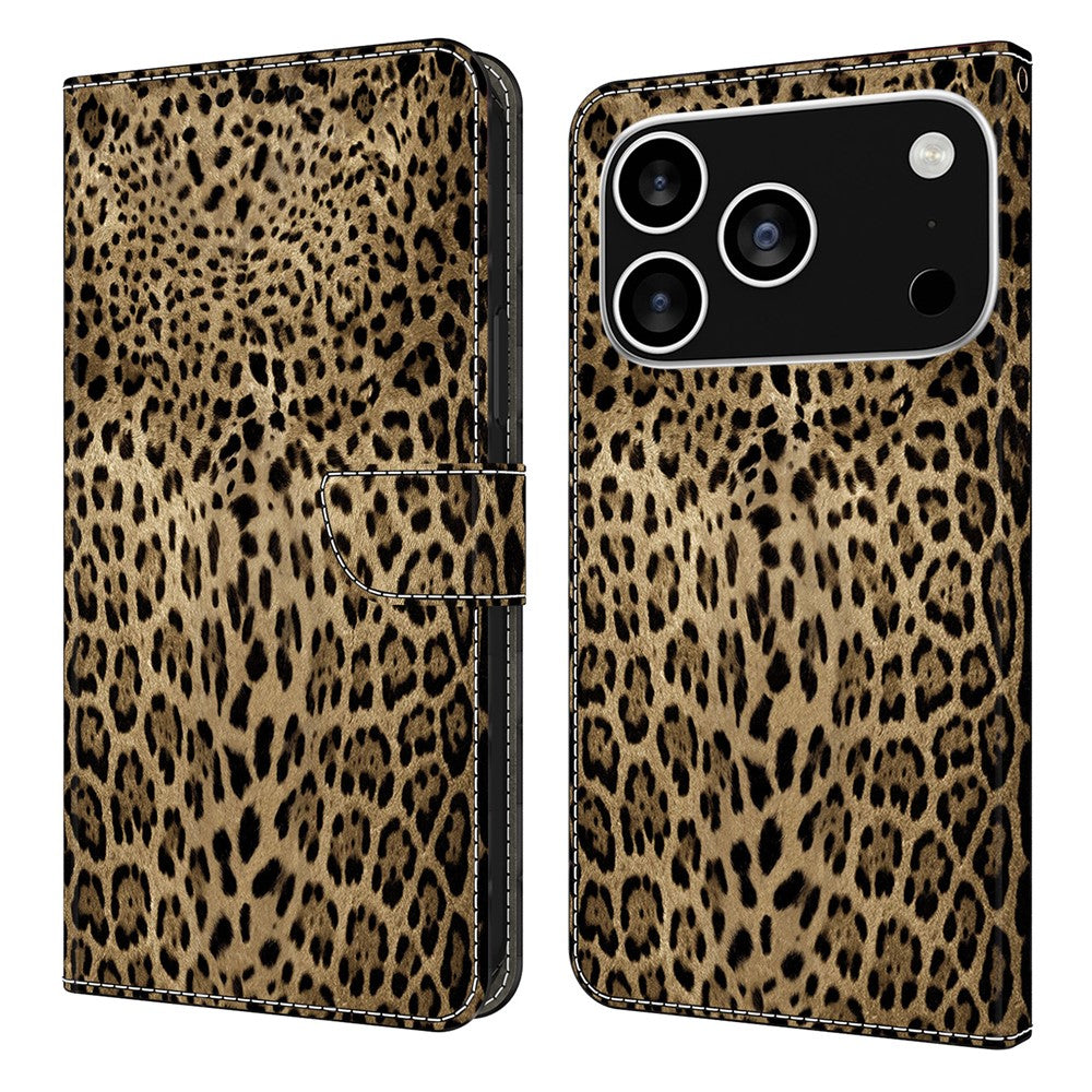 For iPhone 17 Pro Max Wallet Case Pattern Printing PU Leather Flip Stand Phone Cover - Leopard Print