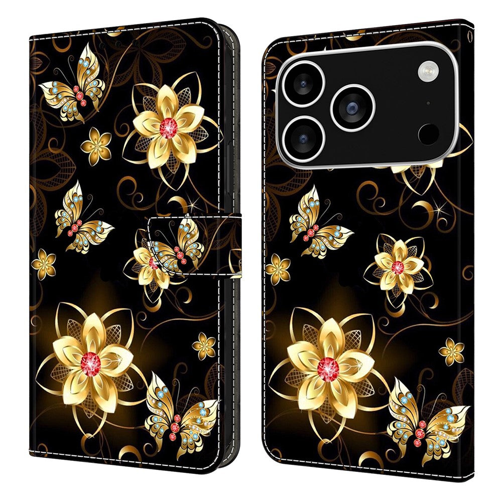 For iPhone 17 Pro Max Wallet Case Pattern Printing PU Leather Flip Stand Phone Cover - Golden Flowers and Butterflies