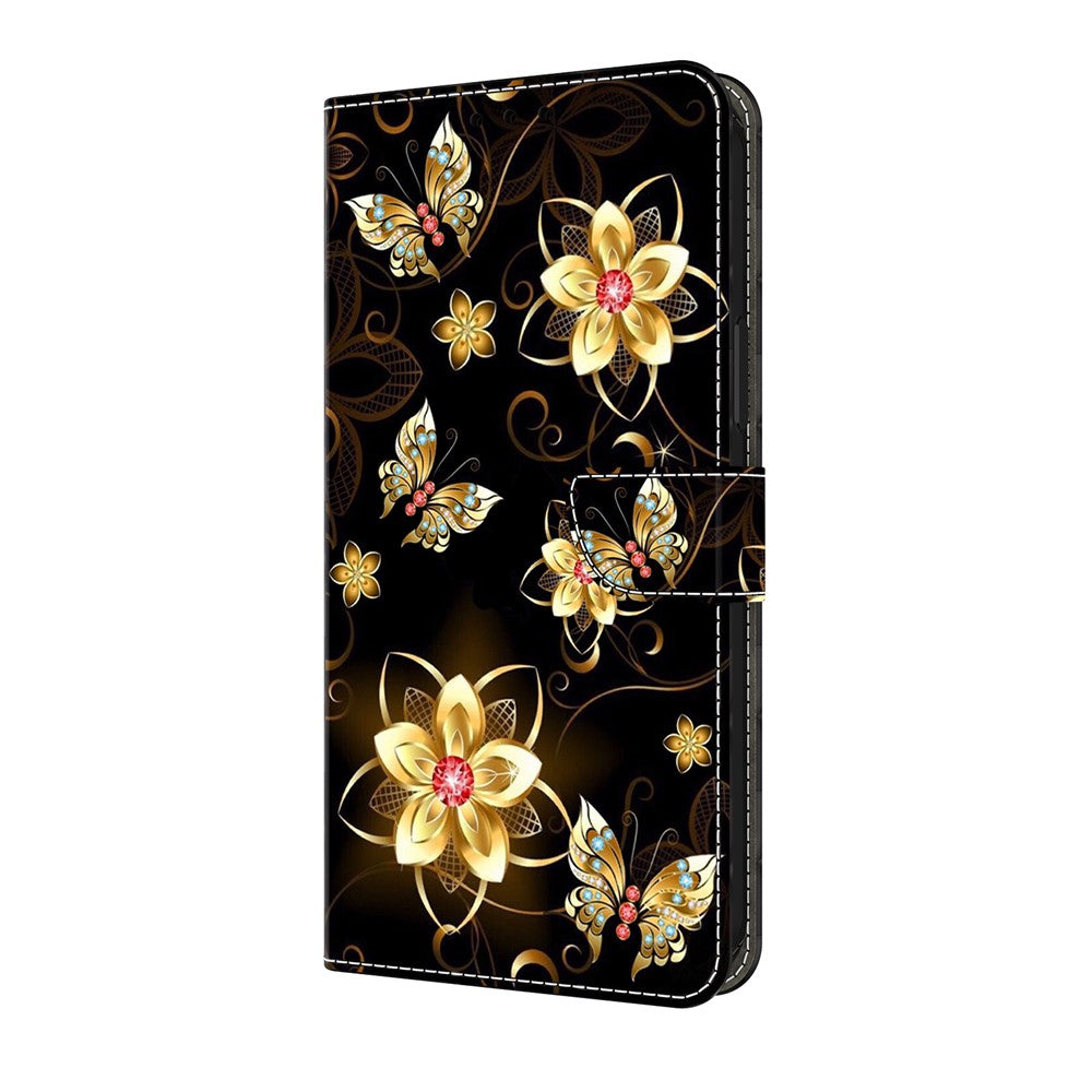 For iPhone 17 Pro Max Wallet Case Pattern Printing PU Leather Flip Stand Phone Cover - Golden Flowers and Butterflies