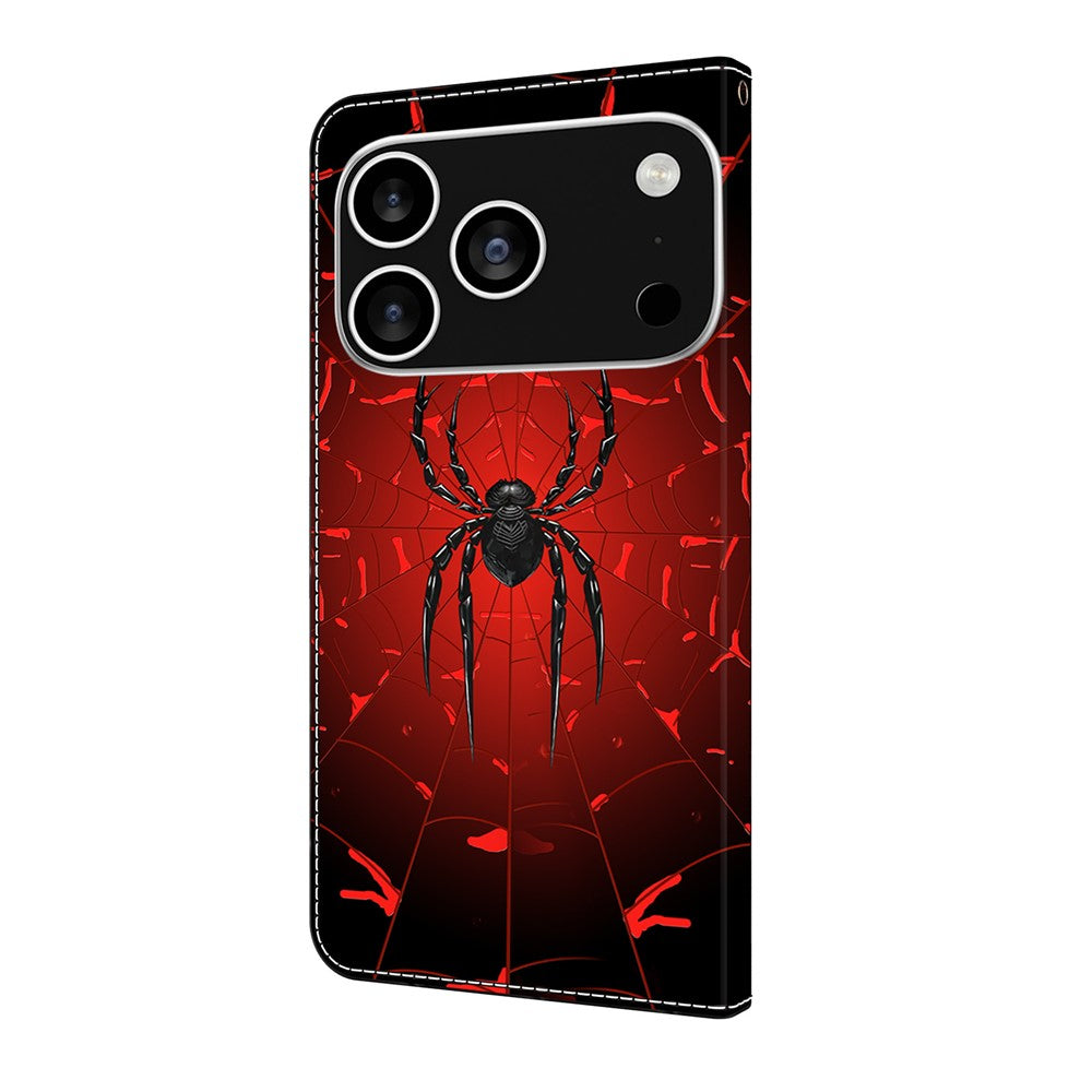 For iPhone 17 Pro Max Wallet Case Pattern Printing PU Leather Flip Stand Phone Cover - Black Spider