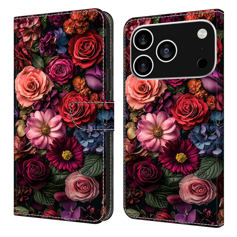 For iPhone 17 Pro Max Wallet Case Pattern Printing PU Leather Flip Stand Phone Cover - Floral