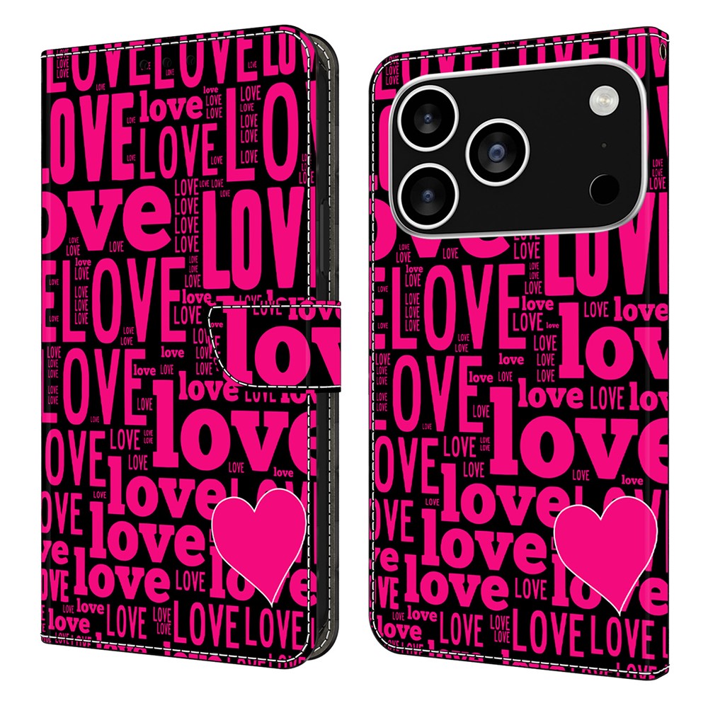 For iPhone 17 Pro Max Wallet Case Pattern Printing PU Leather Flip Stand Phone Cover - LOVE