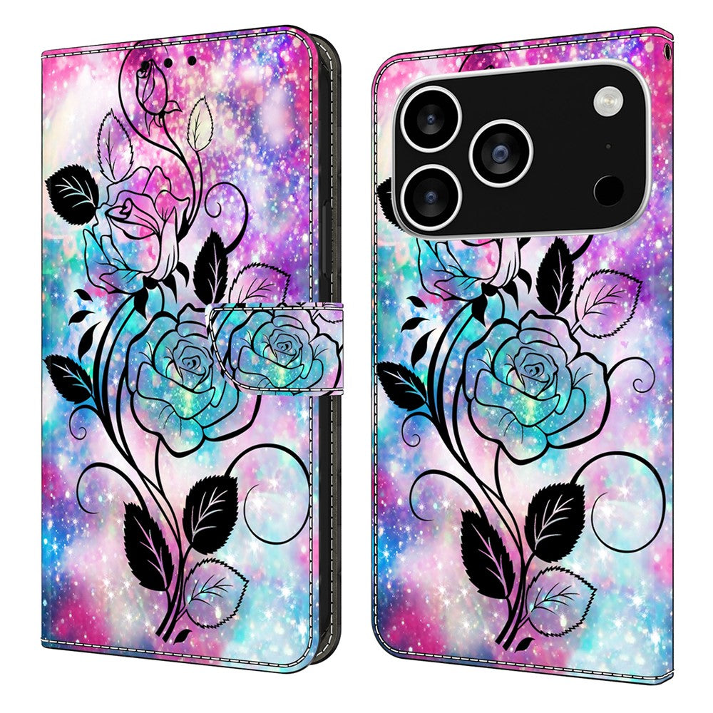 For iPhone 17 Pro Max Wallet Case Pattern Printing PU Leather Flip Stand Phone Cover - Pen Drawing Rose