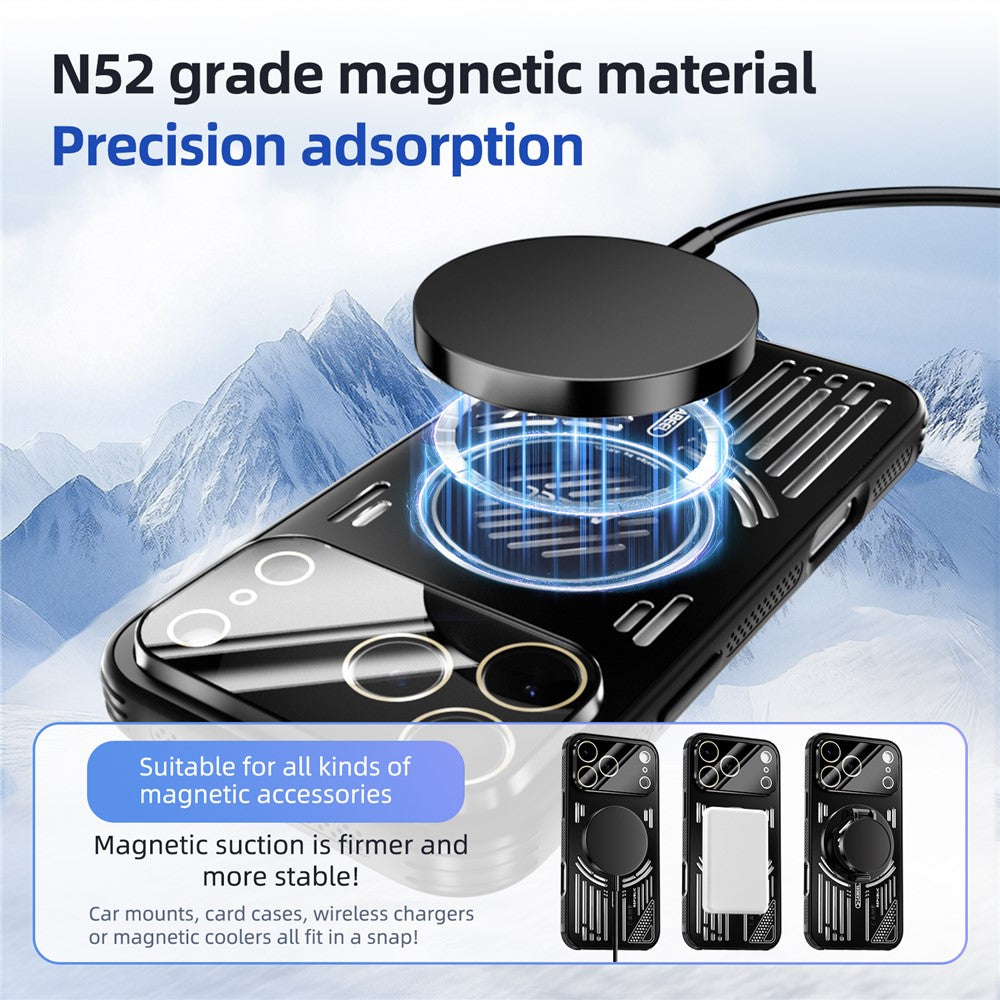 ABEEL For iPhone 17 Pro Max Magnetic Case Aluminium Alloy + PC + TPU Hollow Heat Dissipation Phone Cover - Titanium Grey