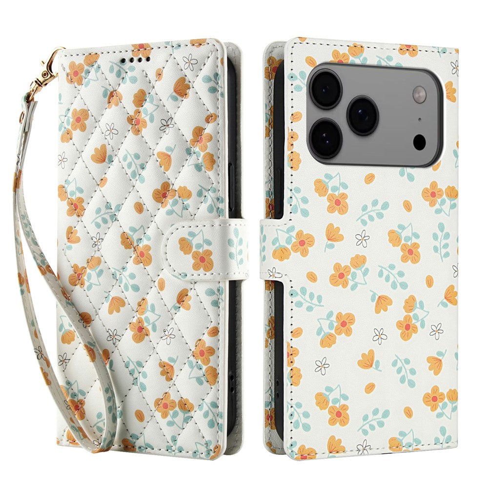 For iPhone 17 Pro Max Wallet Case Rhombic Floral Design Leather Flip Phone Cover with Strap - A3