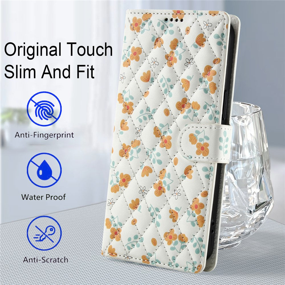 For iPhone 17 Pro Max Wallet Case Rhombic Floral Design Leather Flip Phone Cover with Strap - A3