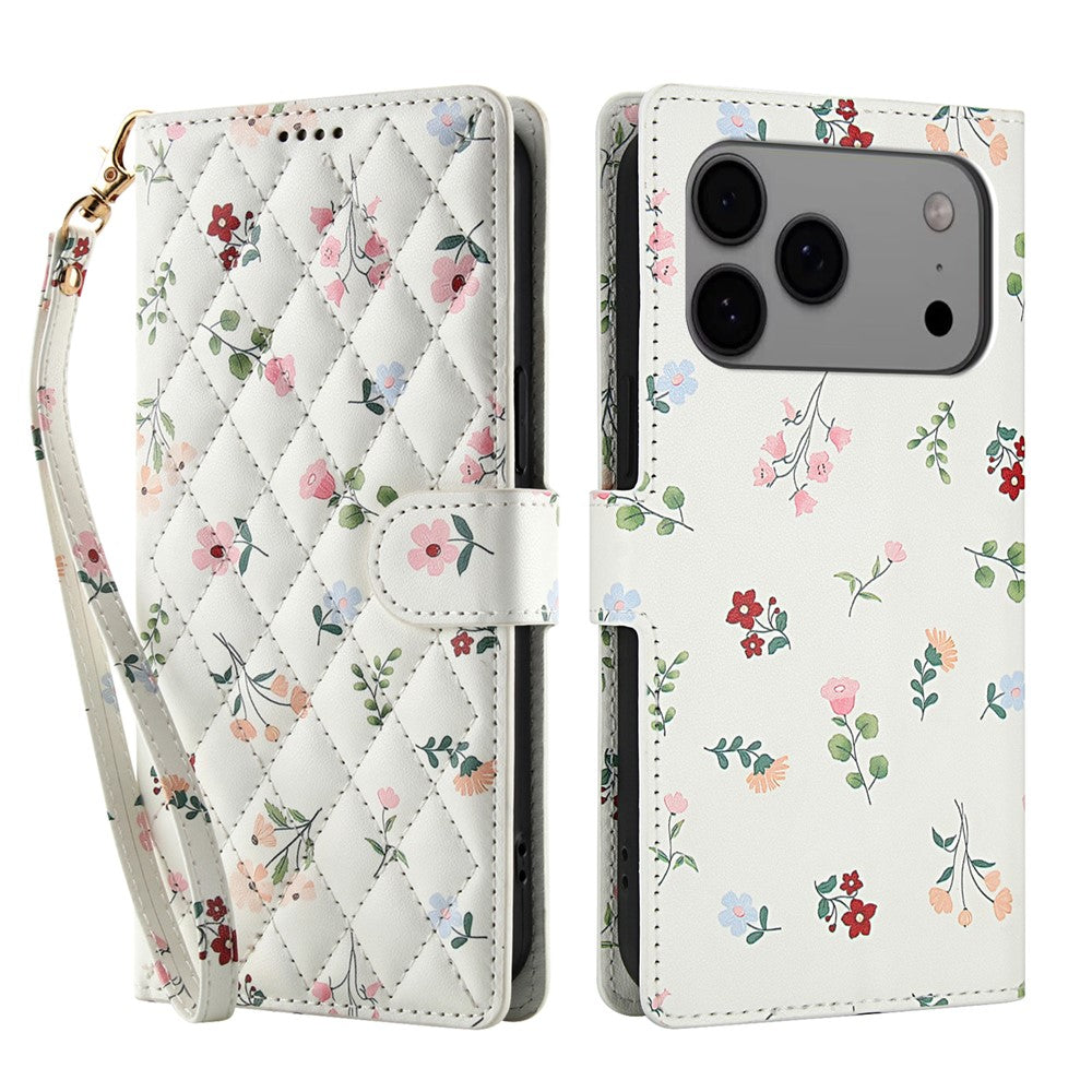 For iPhone 17 Pro Max Wallet Case Rhombic Floral Design Leather Flip Phone Cover with Strap - A1