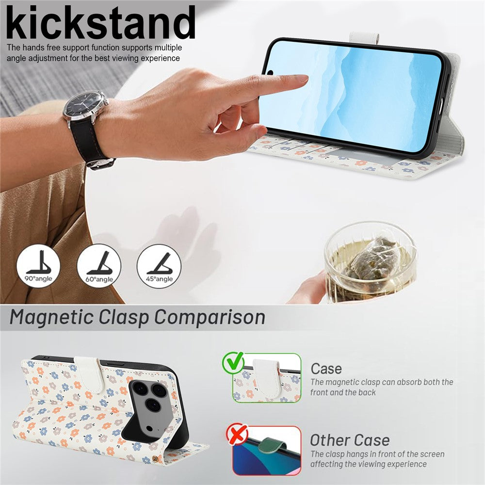 For iPhone 17 Pro Max Wallet Case Rhombic Floral Design Leather Flip Phone Cover with Strap - A4