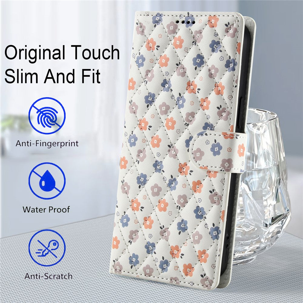 For iPhone 17 Pro Max Wallet Case Rhombic Floral Design Leather Flip Phone Cover with Strap - A4