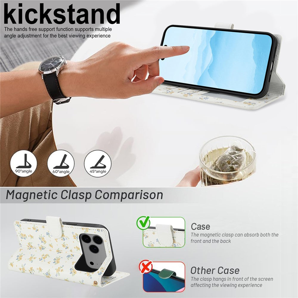 For iPhone 17 Pro Max Wallet Case Rhombic Floral Design Leather Flip Phone Cover with Strap - A5