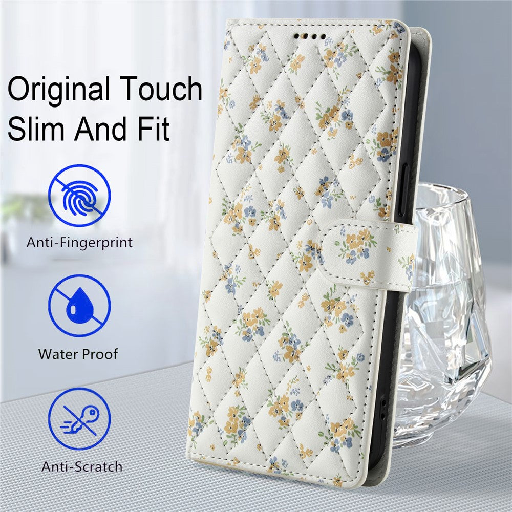 For iPhone 17 Pro Max Wallet Case Rhombic Floral Design Leather Flip Phone Cover with Strap - A5
