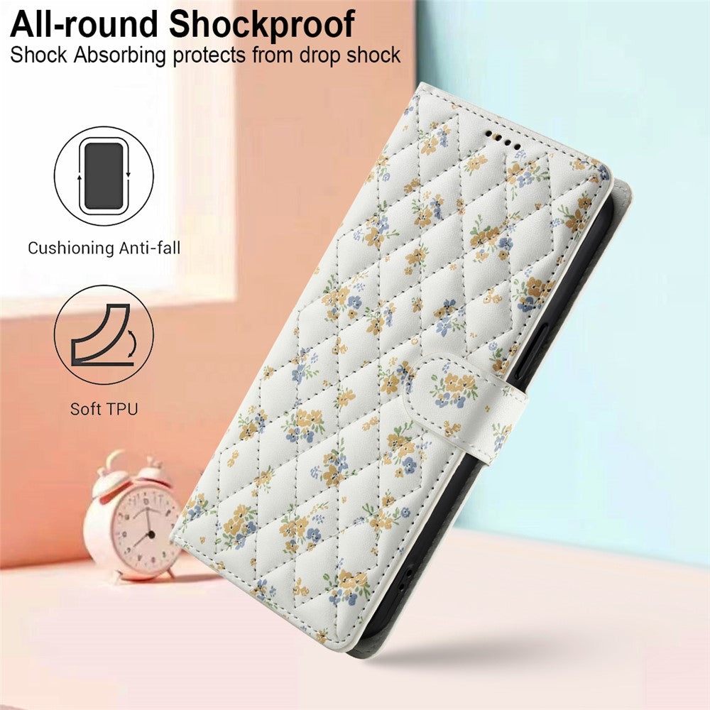 For iPhone 17 Pro Max Wallet Case Rhombic Floral Design Leather Flip Phone Cover with Strap - A5