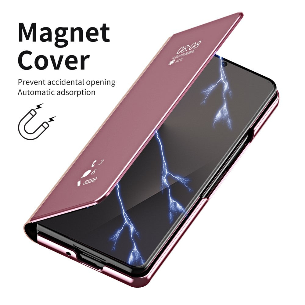 For Samsung Galaxy Z Fold7 5G Case Electroplating View Window Stand Leather Phone Cover - Pink