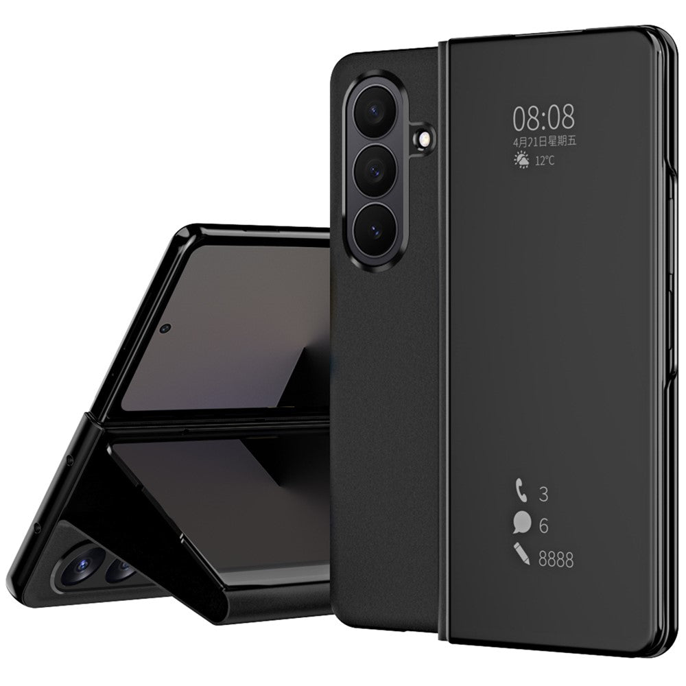 For Samsung Galaxy Z Fold7 5G Case Electroplating View Window Stand Leather Phone Cover - Black