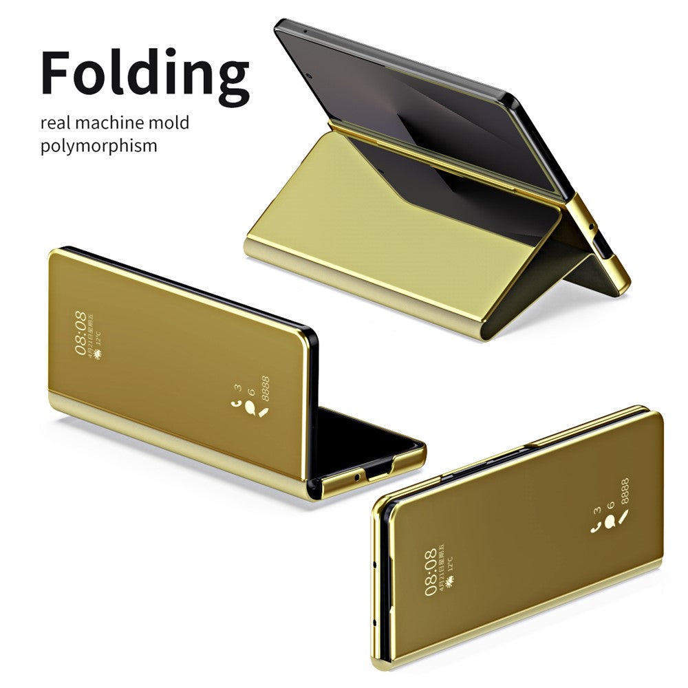 For Samsung Galaxy Z Fold7 5G Case Electroplating View Window Stand Leather Phone Cover - Gold