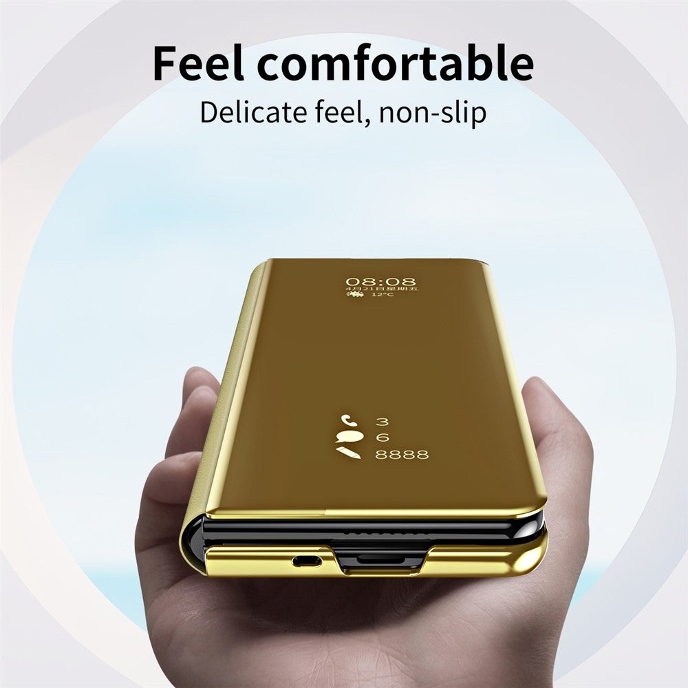 For Samsung Galaxy Z Fold7 5G Case Electroplating View Window Stand Leather Phone Cover - Gold