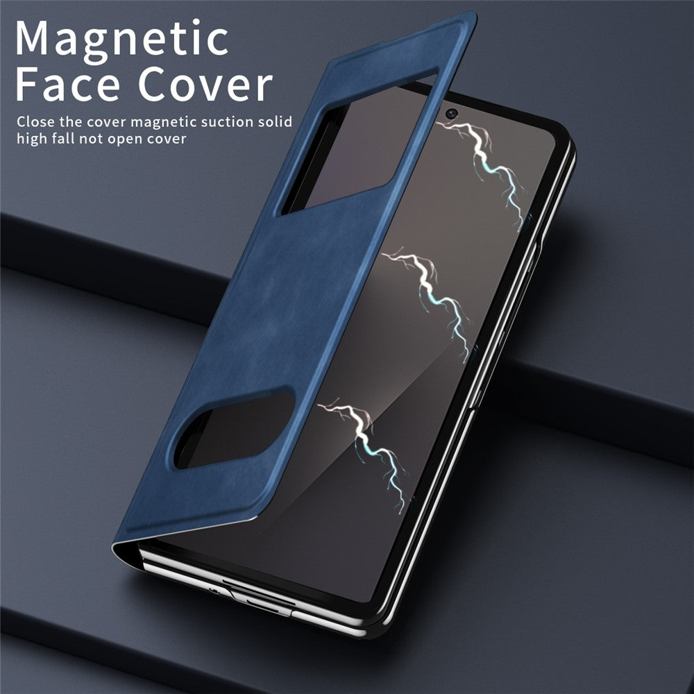 For Samsung Galaxy Z Fold7 5G Case View Window PU Leather Phone Cover - Blue