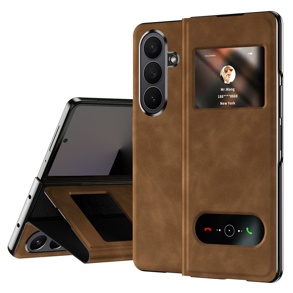 For Samsung Galaxy Z Fold7 5G Case View Window PU Leather Phone Cover - Brown