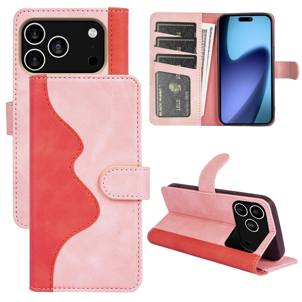 For iPhone 17 Pro Max Wallet Case Leather Phone Cover Splicing Color - Pink