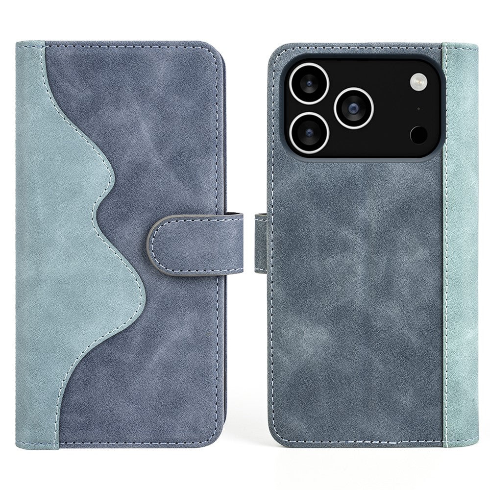 For iPhone 17 Pro Max Wallet Case Leather Phone Cover Splicing Color - Blue