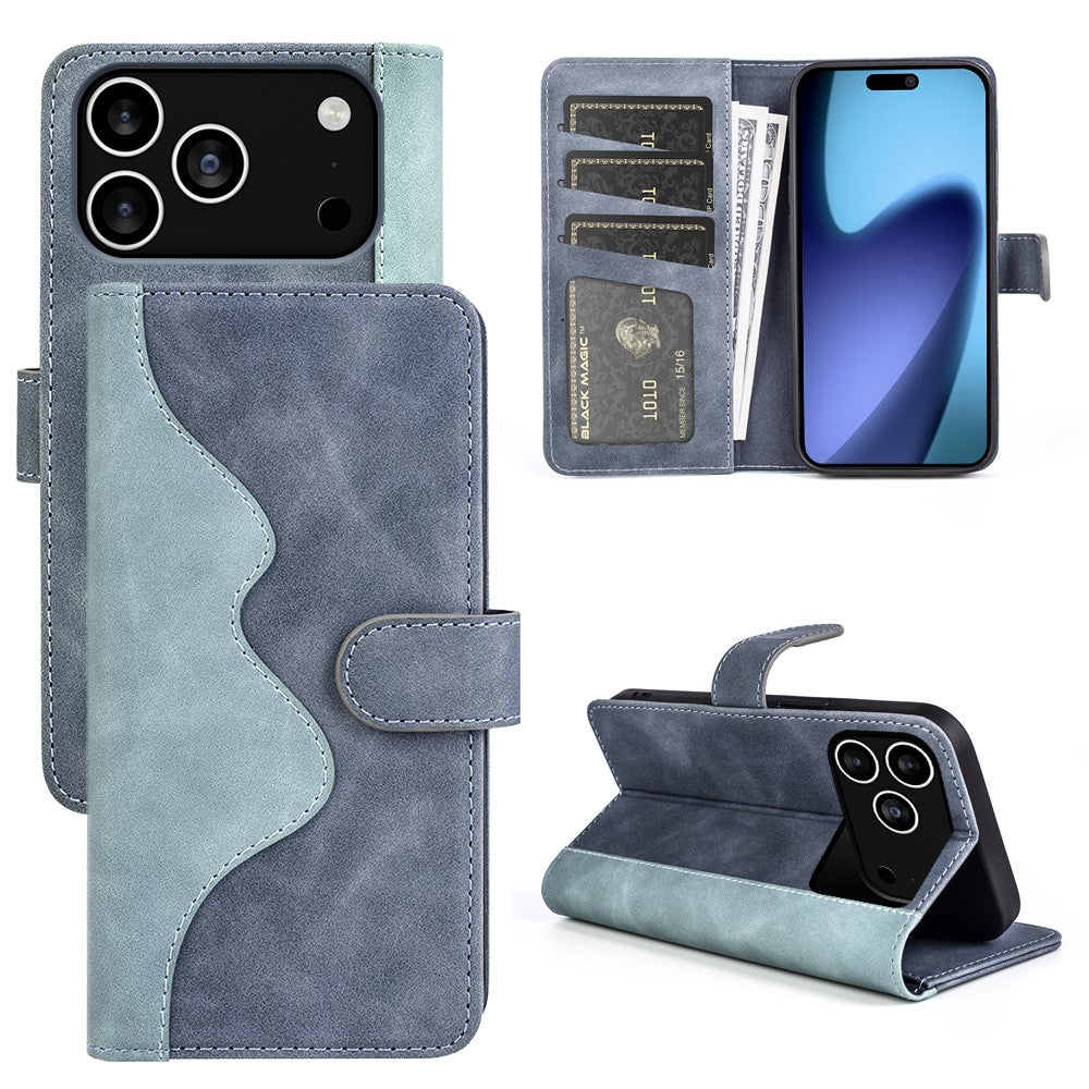 For iPhone 17 Pro Max Wallet Case Leather Phone Cover Splicing Color - Blue