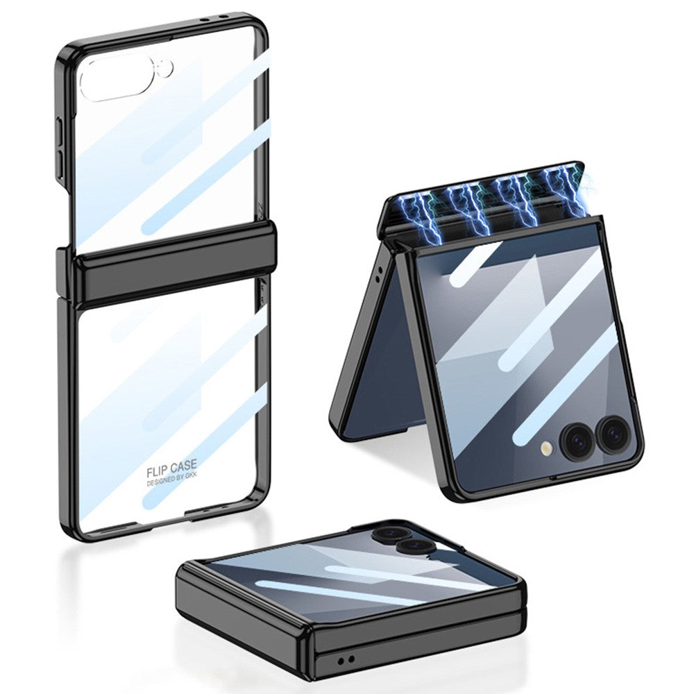 GKK For Samsung Galaxy Z Flip7 5G Case Hinge Protection PC Tempered Glass Clear Phone Back Cover - Black