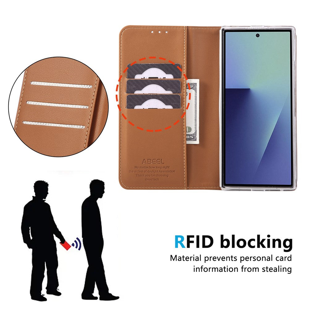 ABEEL For Samsung Galaxy Z Fold7 5G Phone Case RFID Blocking Leather Flip Cover - Brown