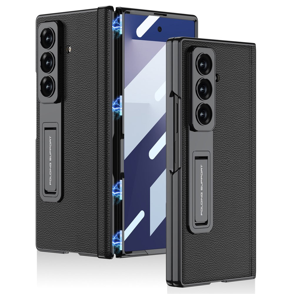 GKK For Samsung Galaxy Z Fold7 5G Case with Kickstand PU PC Tempered Glass Protective Phone Cover - Black
