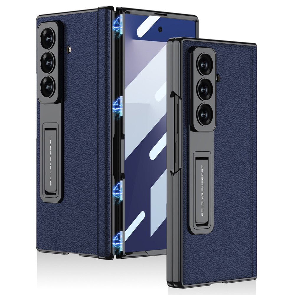 GKK For Samsung Galaxy Z Fold7 5G Case with Kickstand PU PC Tempered Glass Protective Phone Cover - Midnight Blue