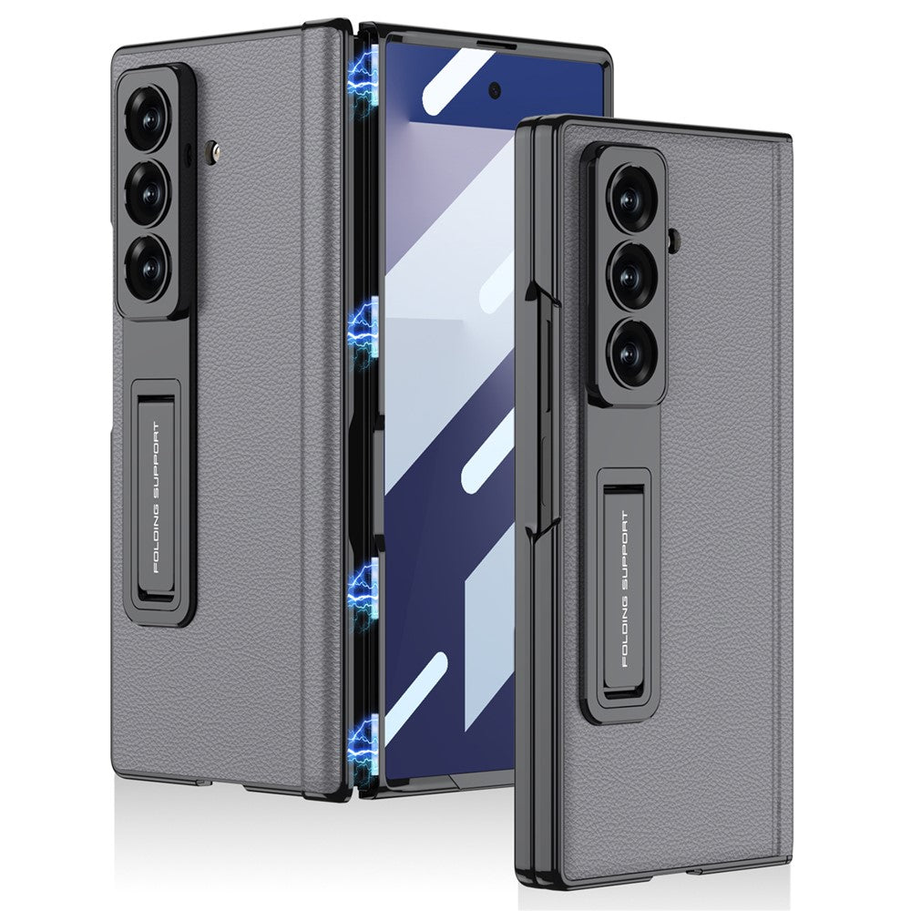 GKK For Samsung Galaxy Z Fold7 5G Case with Kickstand PU PC Tempered Glass Protective Phone Cover - Grey