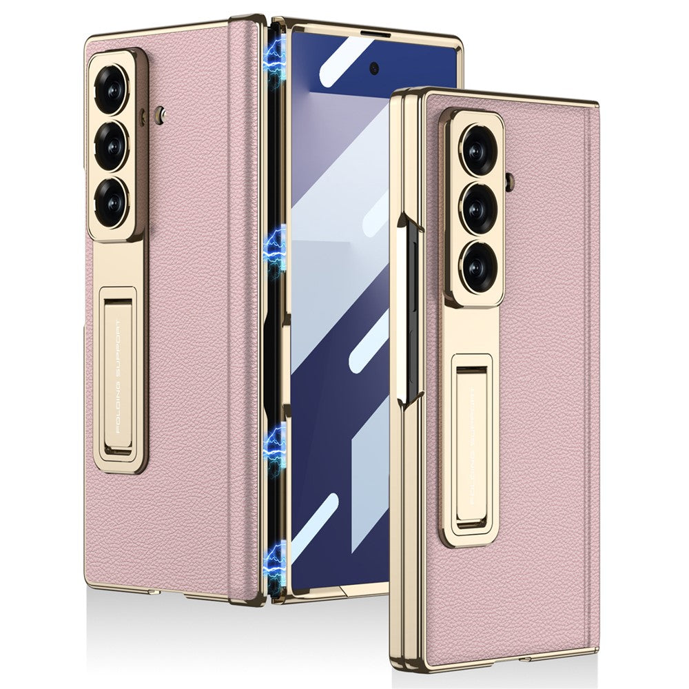GKK For Samsung Galaxy Z Fold7 5G Case with Kickstand PU PC Tempered Glass Protective Phone Cover - Light Pink