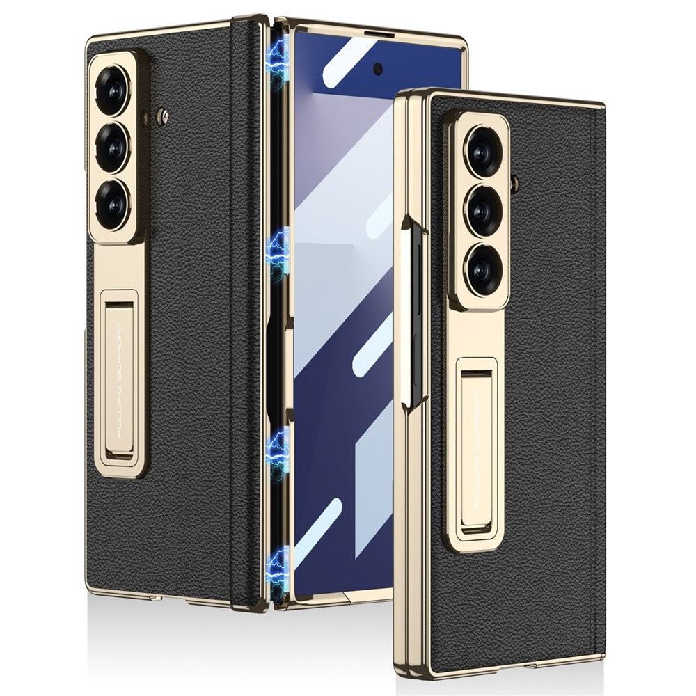 GKK For Samsung Galaxy Z Fold7 5G Case with Kickstand PU PC Tempered Glass Protective Phone Cover - Black / Gold