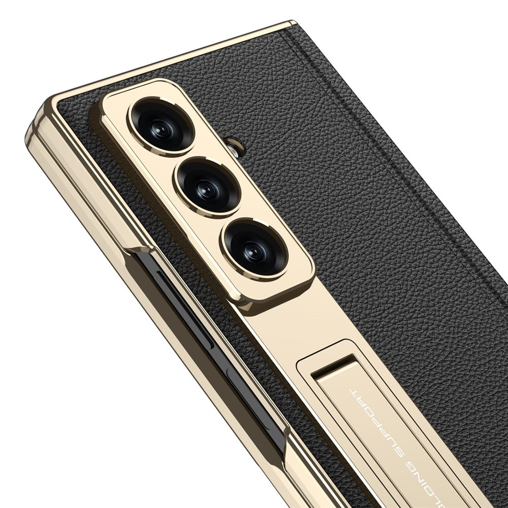 GKK For Samsung Galaxy Z Fold7 5G Case with Kickstand PU PC Tempered Glass Protective Phone Cover - Black / Gold