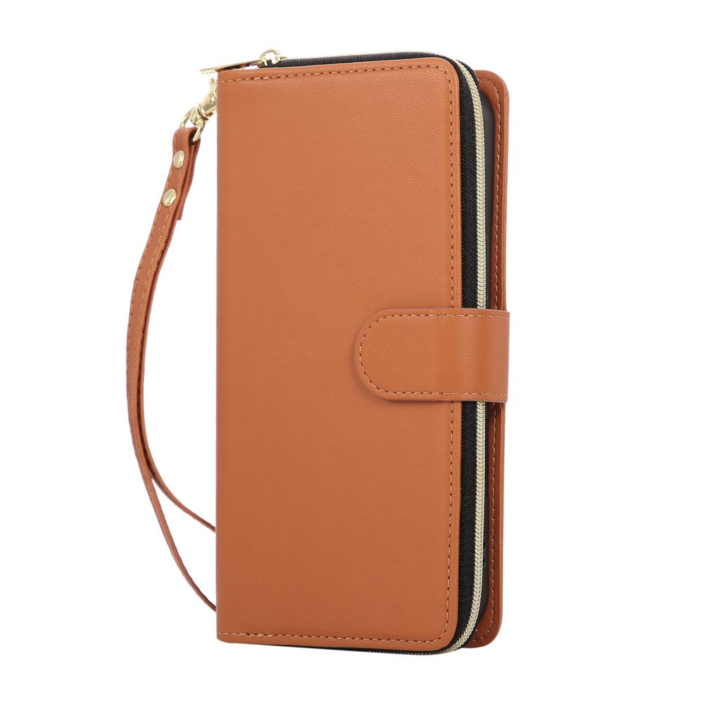 For iPhone 17 Pro Max Case 9 Card Slots Zipper Pocket PU Leather Cover with Wrist Strap - Brown