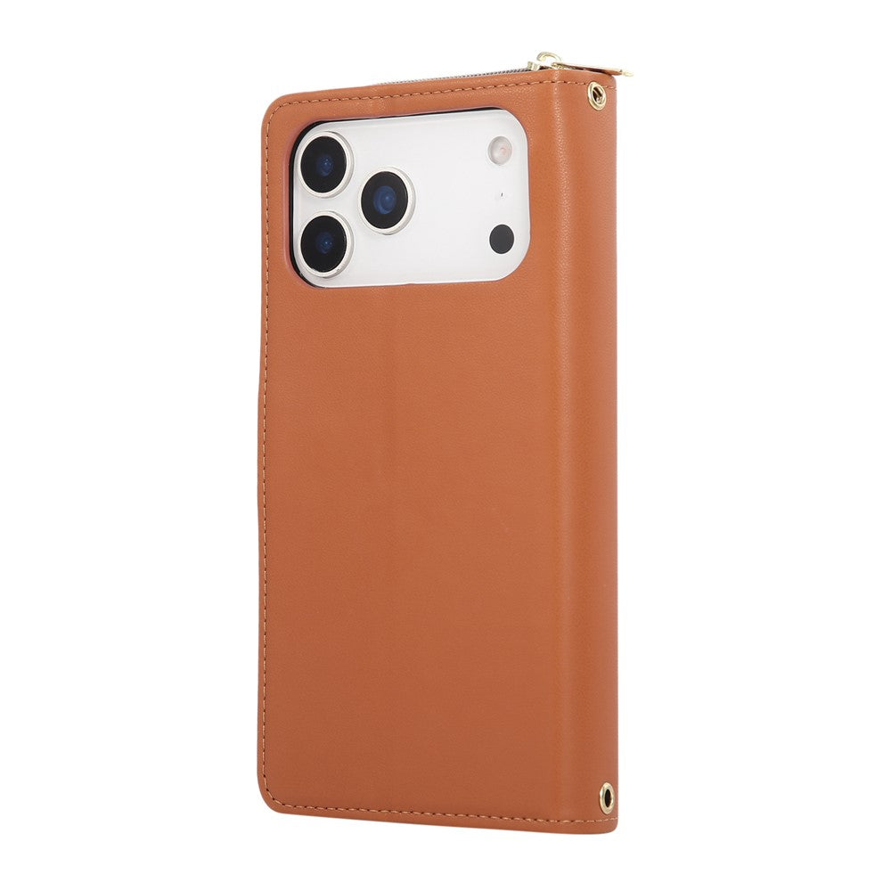 For iPhone 17 Pro Max Case 9 Card Slots Zipper Pocket PU Leather Cover with Wrist Strap - Brown