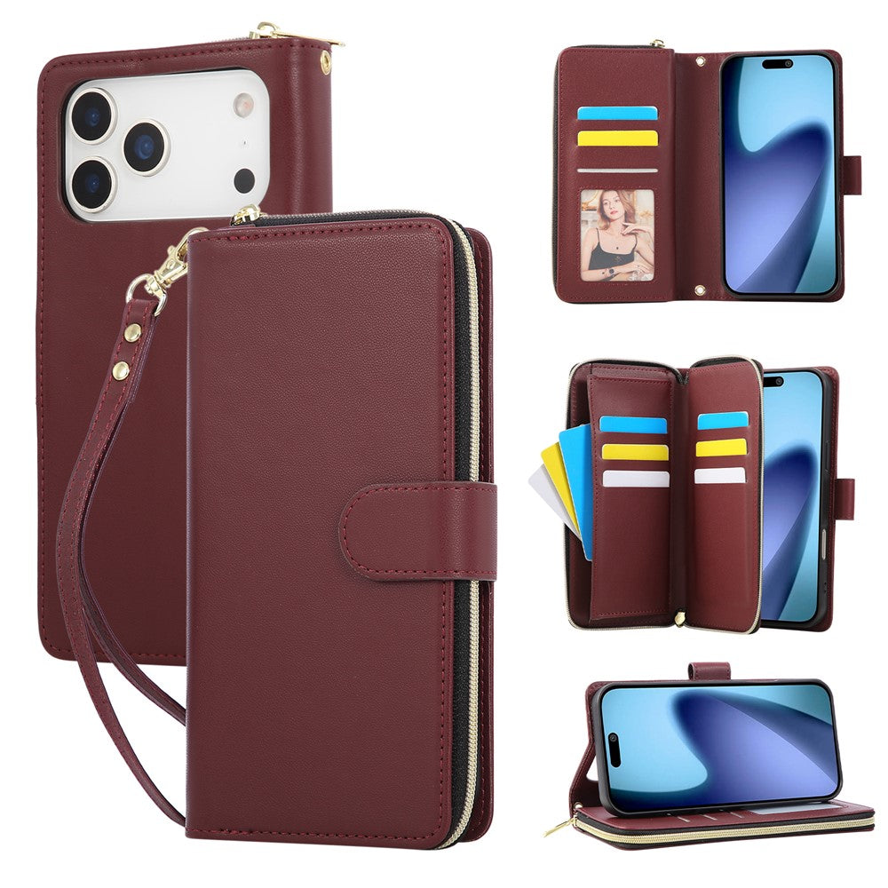 For iPhone 17 Pro Max Case 9 Card Slots Zipper Pocket PU Leather Cover with Wrist Strap - Wine Red