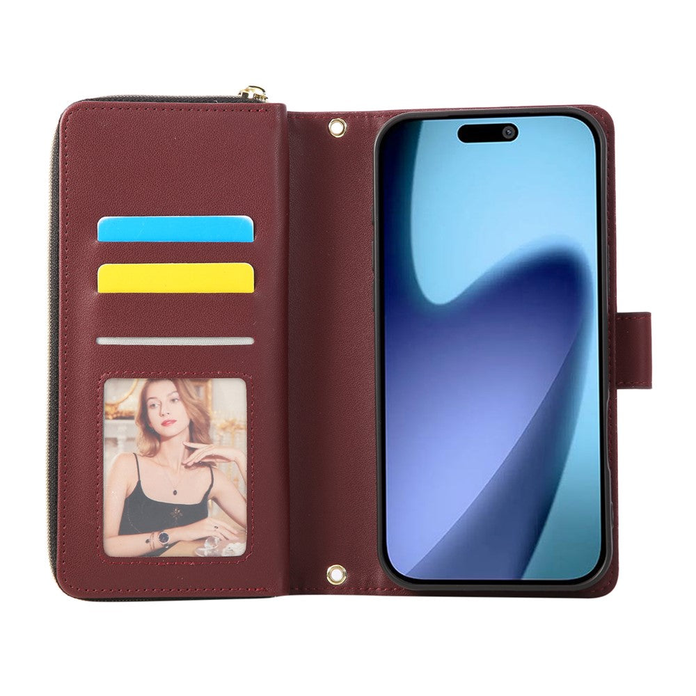 For iPhone 17 Pro Max Case 9 Card Slots Zipper Pocket PU Leather Cover with Wrist Strap - Wine Red